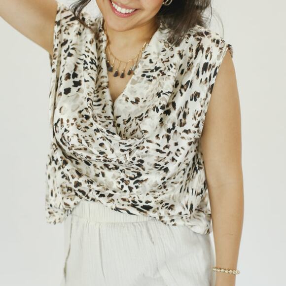 NWOT Entro Animal Print Cowl Neck Tank, Cream, Medium - Picture 1 of 8